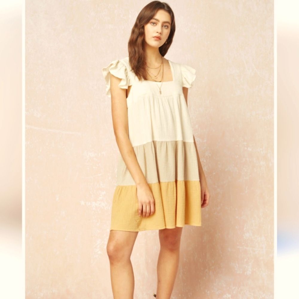 Entro Colorblocked & Tiered Ruffled Straps Mini Dress, M